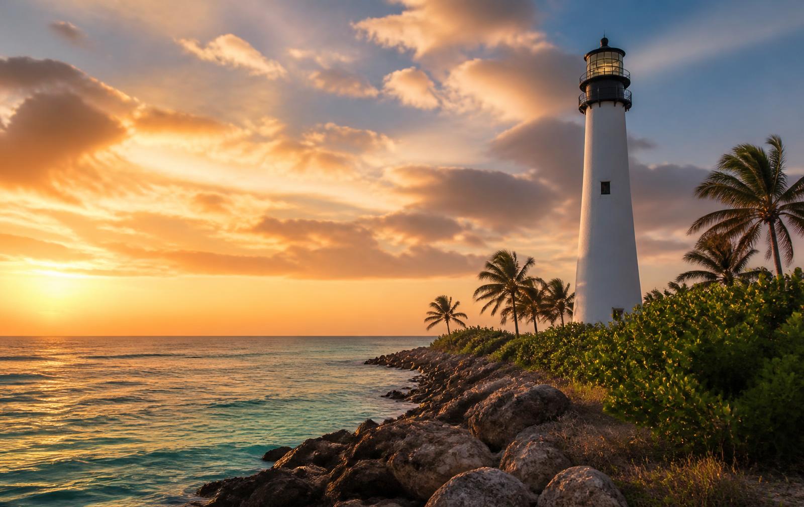 Lighthouse on the Florida coast at sunset with palm trees
